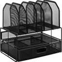 Amazon Basics Mesh Desk Organizer with Sliding Drawer, Double Tray and 5 Upright Sections, File Holder for Office Supplies, Paper Letter Tray, Black
