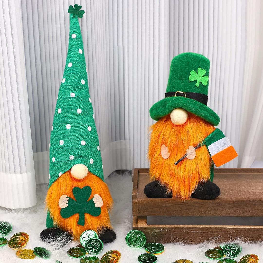 Juegoal 2 Pack St. Patrick's Day Plush Gnomes, 17'' Tall Handmade Leprechaun Decorations Green Hat Swedish Tomte, Irish Shamrock Elf Scandinavian Holiday Lucky Gift for Home Tabletop Ornament