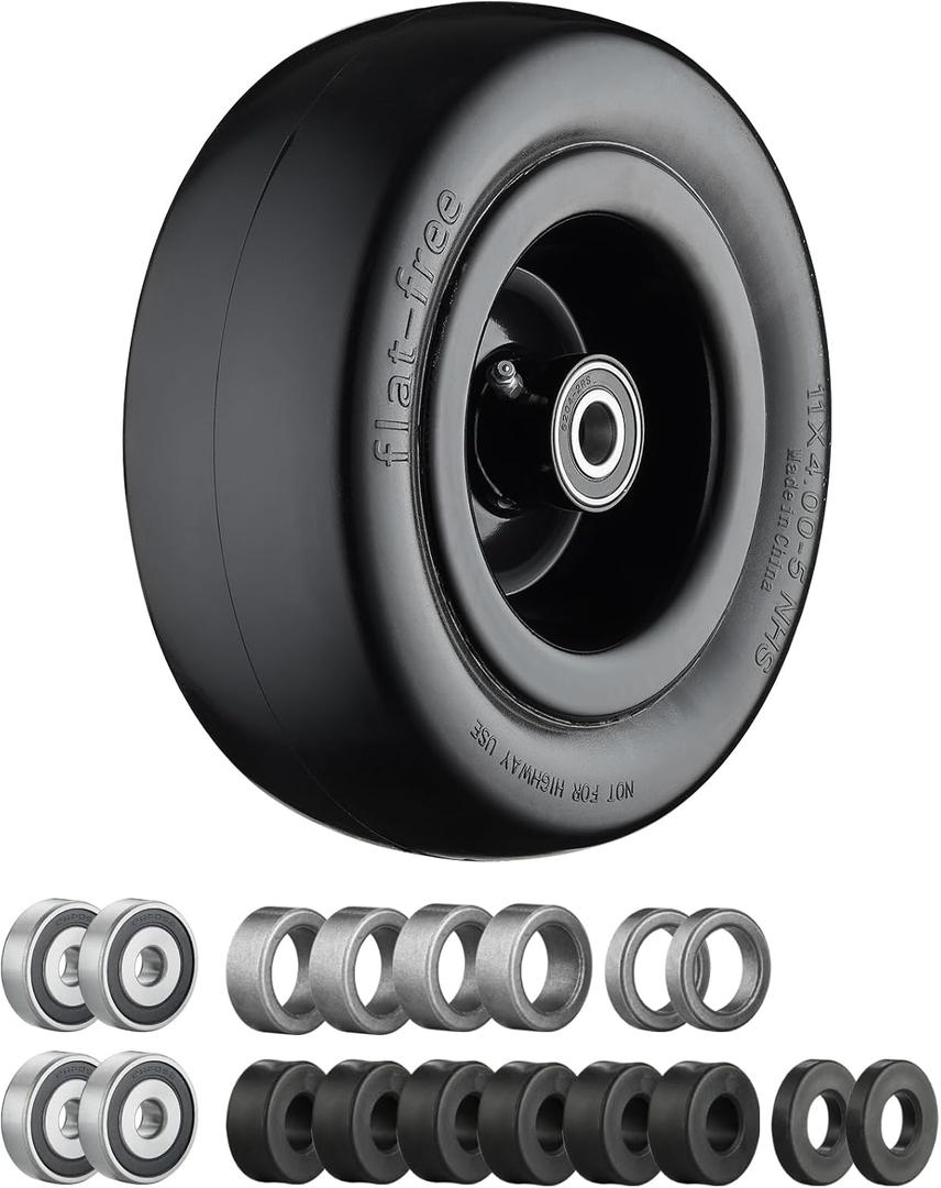 11x4.00-5 Lawn Mower Tire Flat Free with 3/4" or 5/8" and 1/2" Bearings, 3.6"-6.7" Centered Hub, Load 330lbs,11x4.00-5 Tire Zero Turn Front Tires by Cubesprings - 1Pack