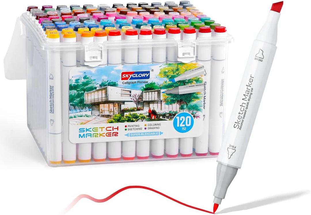 Alcohol Marker Pen Set, Fine & Chisel Dual-Tip Sketch Marker Set with Carrying Case for Drawing, Sketching, Anime, Manga (120)