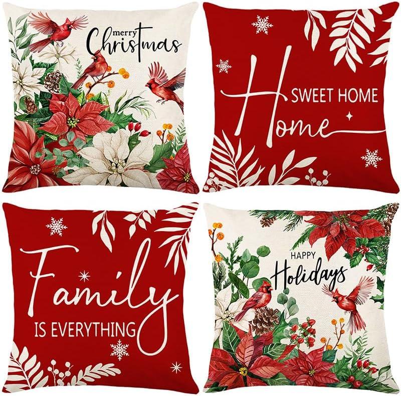 Merry Christmas Throw Pillow Covers Cardinal Berries Red Xmas Throw Pillow Covers Family is Everything Cushion Pillows Case Set of 4 (18 x 18) for Sofa Bed Home Decor