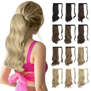 SOFEIYAN Curly Ponytail Extension 15 Inch Heat Resistant Synthetic Natural Wavy Hairpiece Wrap Around Pony Tail Hair Extensions for White Black Women Hair Piece, Pale Golden Blonde & Bleach Blonde
