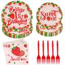 96 Pcs Berry First Birthday Decor 350 GSM Strawberry Plates and Napkins Sweet One Tableware Set for Girls Strawberry 1st Birthday Decorations Baby Shower Spring Summer Fruit Party Supplies Serves 24