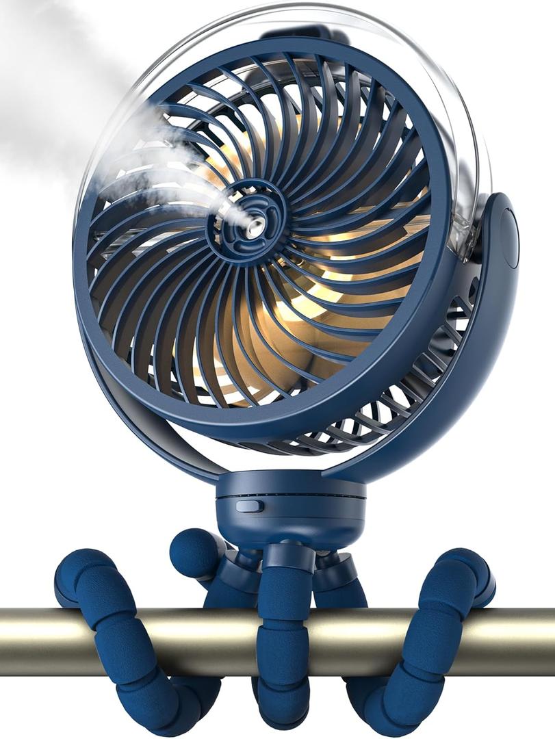 Misting Stroller Fan, 6000mAh Battery Operated Portable Fan with Light & 360 Pivoting, Personal Cooling Fans with Flexible Tripod for Baby, Office, Travel,Treadmill,Outdoors (Dark Blue)
