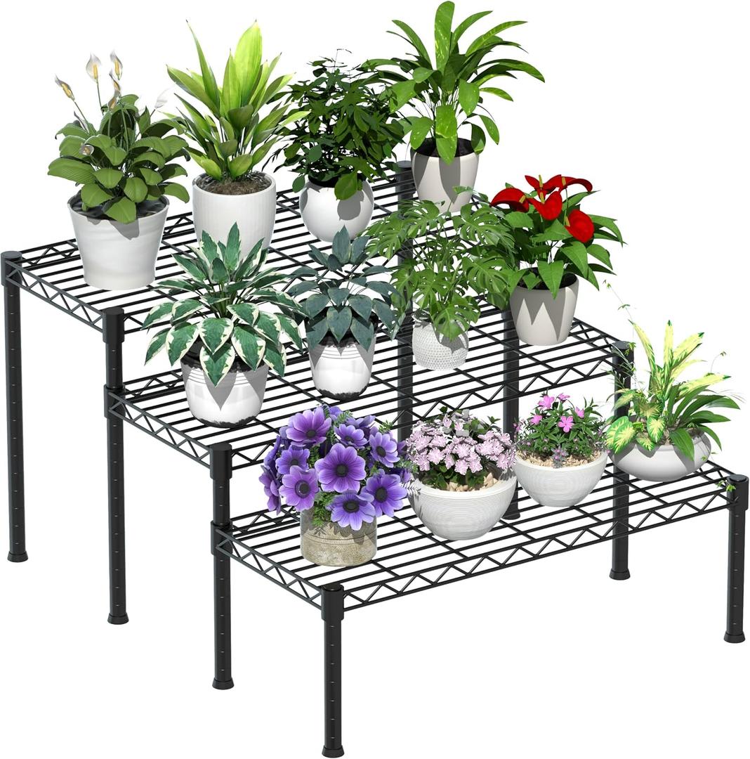 Xiofio 3 Tier Ladder Potted Multiple Plants For Indoor And Outdoor Plant Stands, Adjustable Shelves And Multifunctional Plant Racks Suitable For Living Room, Balconies And Gardens (Black)