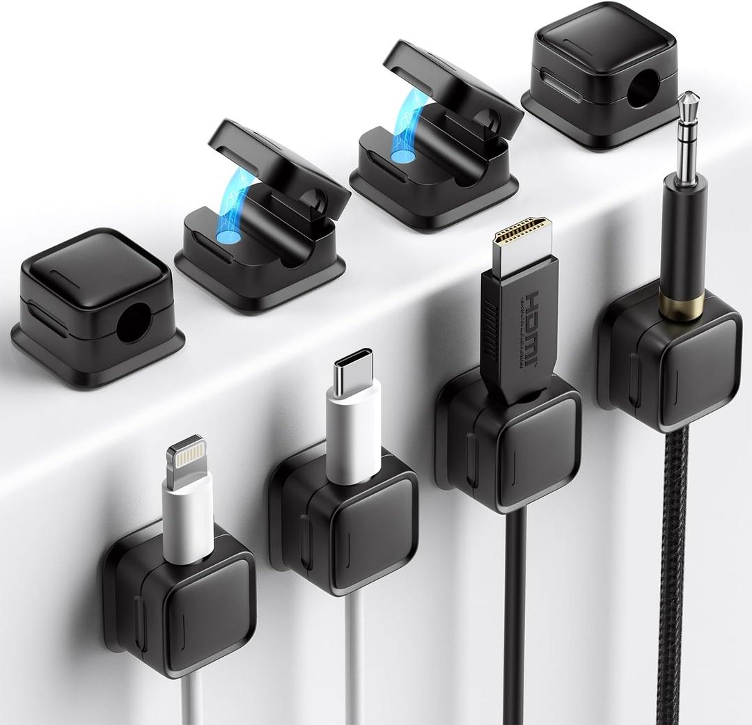 8 Pack Magnetic Cord Organizer Holder,Strong Adhesive Desk Cable Management Easy Open,Organize Phone Charging Cords Wire Holder Organizer Neatly for Home, Office, Car, Desk, Nightstand-Black