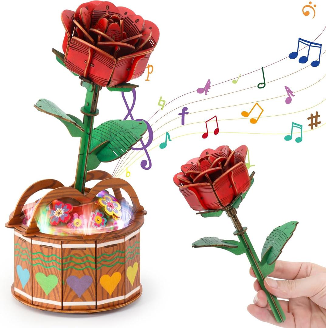 MIEBELY 3D Wooden Puzzles for Adults, Light Up 3D Puzzle Flower Rose Building Puzzle with Music Box, 216 pcs Craft Birthday Gift for Adult and Teen