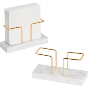 2 Pack Cocktail Napkin Holder for Table, Natural Marble Napkins Holder with Metal Wire, Modern Tissue Paper Dispenser for Dining Table Bar Kitchen (for 5 x 5 inches napkin)