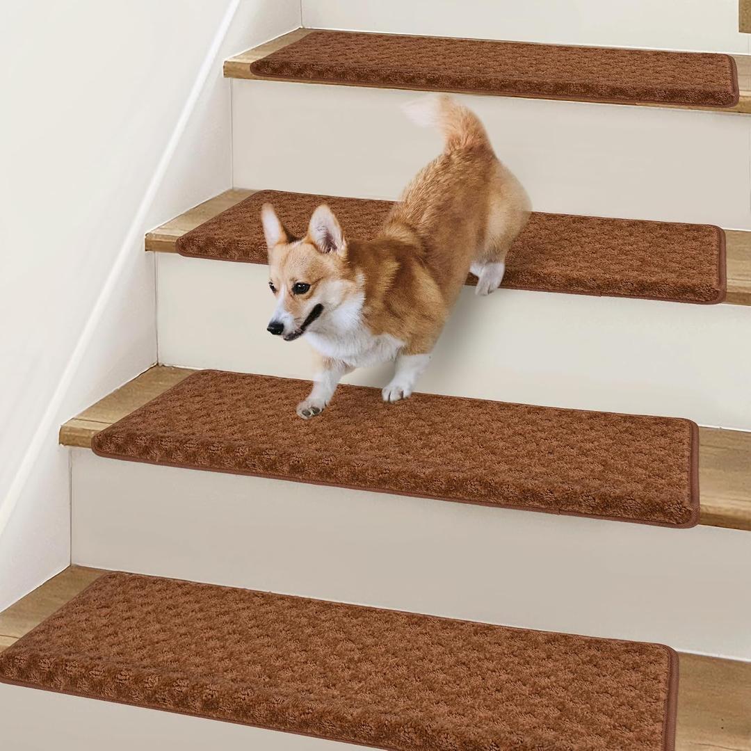 Bullnose Stair Treads Non Slip 9.5" x 36", 14 Pcs Carpet Stair Treads for Wooden Steps Indoor with Edge Protection, Reusable Peel and Stick TPU Backing Stair Runner Rugs - Lattice Pattern Brown