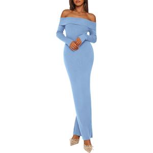 PRETTYGARDEN Women's 2025 Fall Sweater Dress Long Sleeve Off Shoulder Slit Maxi Bodycon Cocktail Party Dresses (Medium, Light Blue)