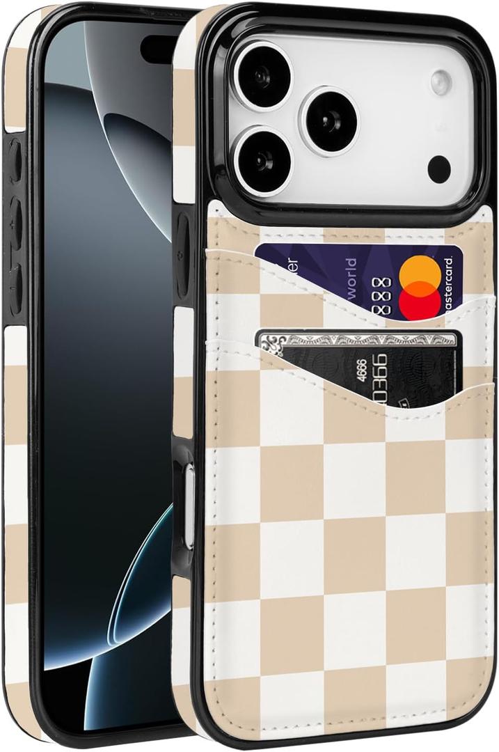 Compatible with iPhone 17 Pro Max Wallet Case for Card Holder PU Leather Slot Shockproof Soft TPU Cover for Women Girls Cute Case for iPhone 17 Pro Max 6.9 inch (Neutral Checkerboard)