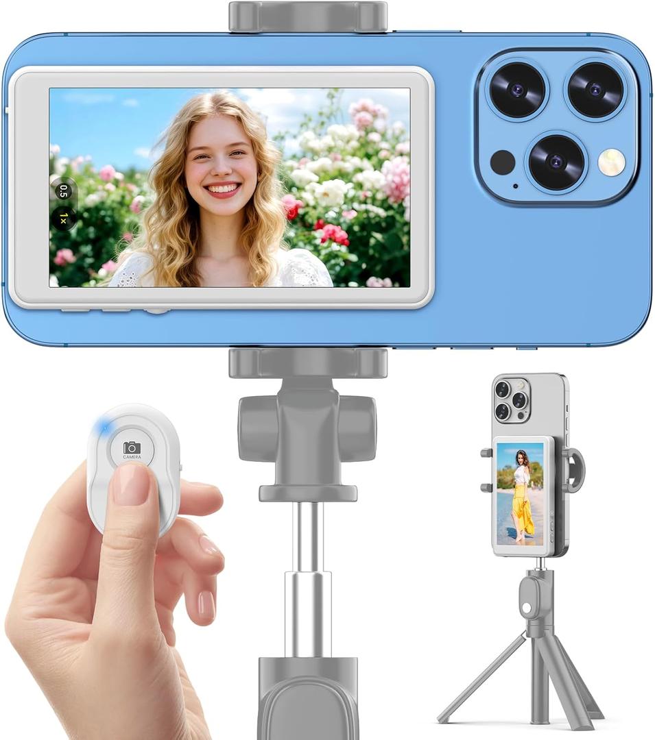 Vlog Selfie Monitor Screen iPhone, 4K 60fps Recording, Wireless Screen Mirroring with Remote Control, Magnetic Fixation, 180° Rotation, 3 Levels of Brightness, Compatible with iPhone & Android