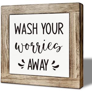 Bathroom Decor Art, Positive Home Decor, Funny Washroom Signs Plaque, Farmhouse Wood Decoration for Toilet Bathroom Washroom, Shelf Table Decors, Wash Your Worries Away Sign 5.9×5.9 inches