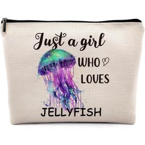 Just a Girl Who Loves Jellyfish Cosmetic Bag, Colourful Jellyfish Themed Makeup Bag Zipper Cosmetic Pouch Bag Travel Linen Makeup Organizer, Ocean Animal Gifts for Women Girls Teens Her