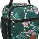 Femuar Lunch Box for Men Women Adults Small Lunch Bag for Office Work Picnic - Reusable Portable Lunchbox, Malachite Green Flower