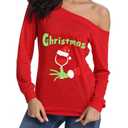 Kocowoo Women's Sexy Off Shoulder Christmas Print T-Shirt Long Sleeve Holiday Merry Xmas Tunic Tops, Size: XXL