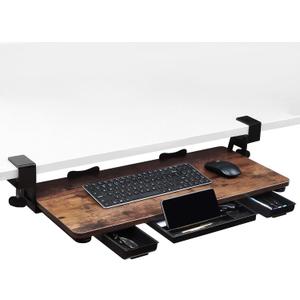 Large 26.77" Keyboard Tray Under Desk with Storage Drawer - Heavy Duty C-Clamp Mount, Ergonomic Computer Keyboard Stand for Home Office, Easy Install (Mahogany)