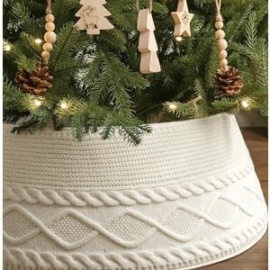 Knitted Christmas Tree Collar: Cream Crossed Diamond Edge Chunky Cable Knit Christmas Tree Collars for Artificial Trees, Farmhouse Rustic Tree Ring Tree Skirt for Christmas Home Décor