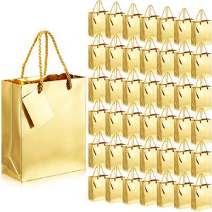 Seajan 50 Pack Metallic Gold Gift Bags with Handles Gold Foil Favor Glossy Finish Waterproof Bags with Tags for Birthday Party Anniversary Wedding Baby Shower Thanksgiving Christmas Party Supplies