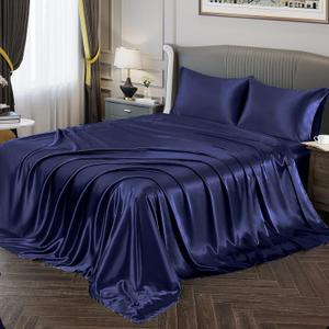 Vonty Satin Sheets Queen Size Silky Soft Satin Bed Sheets Navy Blue Sheet Set, 1 Deep Pocket Fitted Sheet + 1 Flat Sheet + 2 Pillowcases