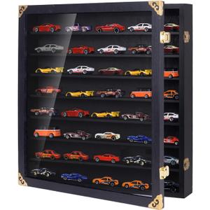 Giant Hotwheels Display Case with Wall Mounts,Display up to 80 Cars ,Model Hot Toy Cars Storage Organizer,15.7*2.75*16.7 Inches,UV Protection Acrylic Glass Door,Gold Lock,Black