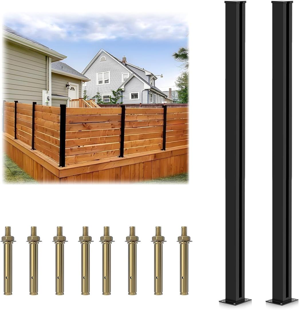 2 Pack 45" Aluminium Alloy Fence Post Line Post, Matte Black Metal Wood Fence Post for Air Conditioner Fence Panels, Pool Equipment Enclosure, Trash Can Enclosures