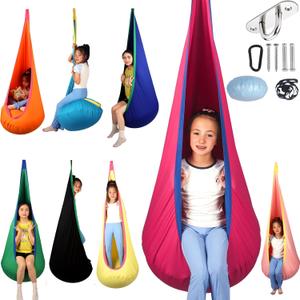 Sensory Swing for Kids indoor and outdoor Pod hammock Chair Seat Upgrade Max 300 lbs Hanging Swing with Inflatable Cushion Includes Hardware Hanger Kit for Aspergers Autism ADHD (Cranberry)