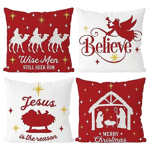 Christmas Pillow Covers 18x18 Inch Set of 4 Nativity Religious Throw Pillow Covers Red And White Christmas Xmas Winter Pillowcase Home Decor Living Room House Decorative Cushion Case for Sofa Couch