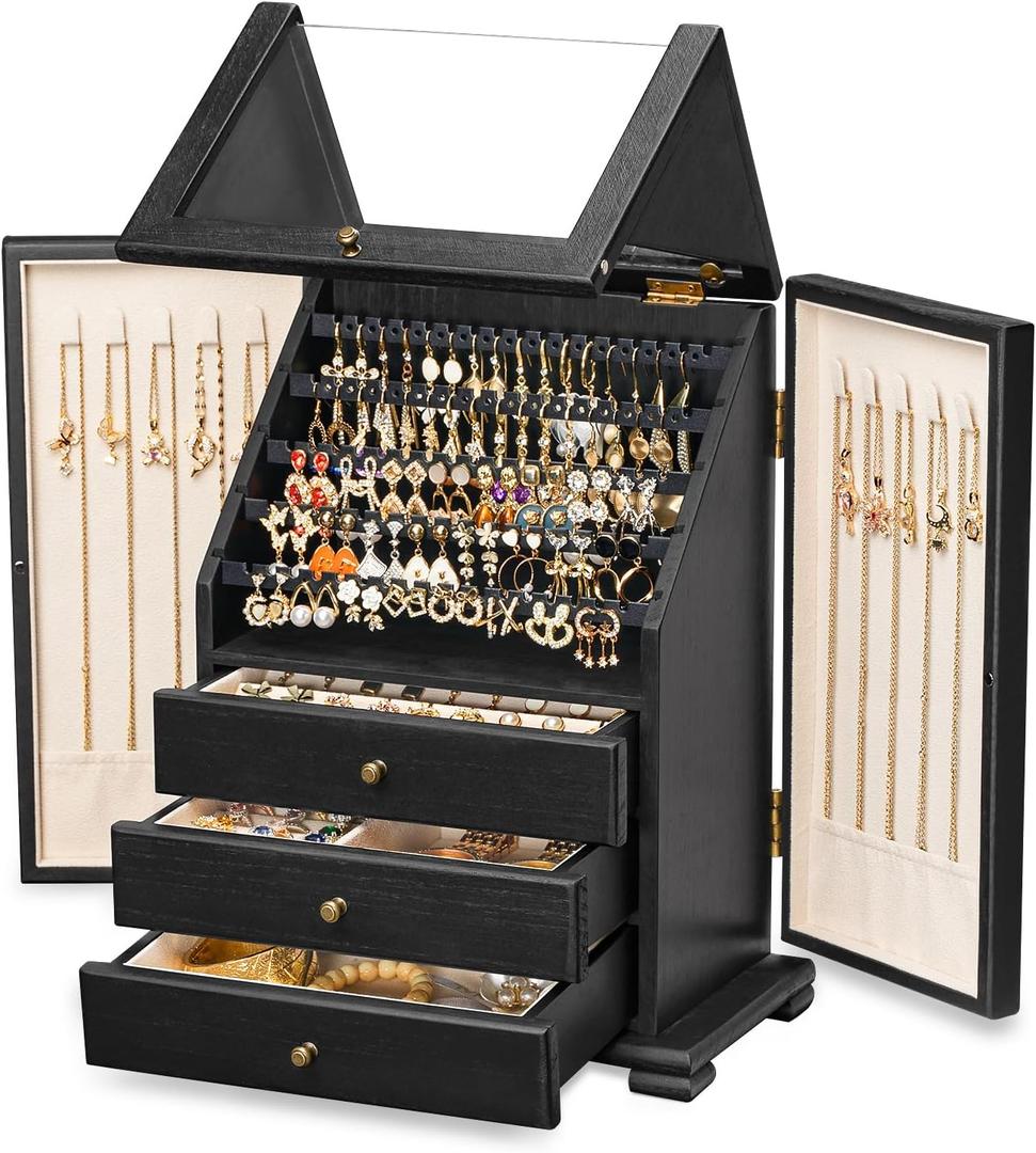 Jewelry Box Organizer, Rustic Wooden Jewelry Boxes for Women Girls, Large Storage Earring Holder Organizer Display for Earrings Necklaces Rings Bracelets (Black)