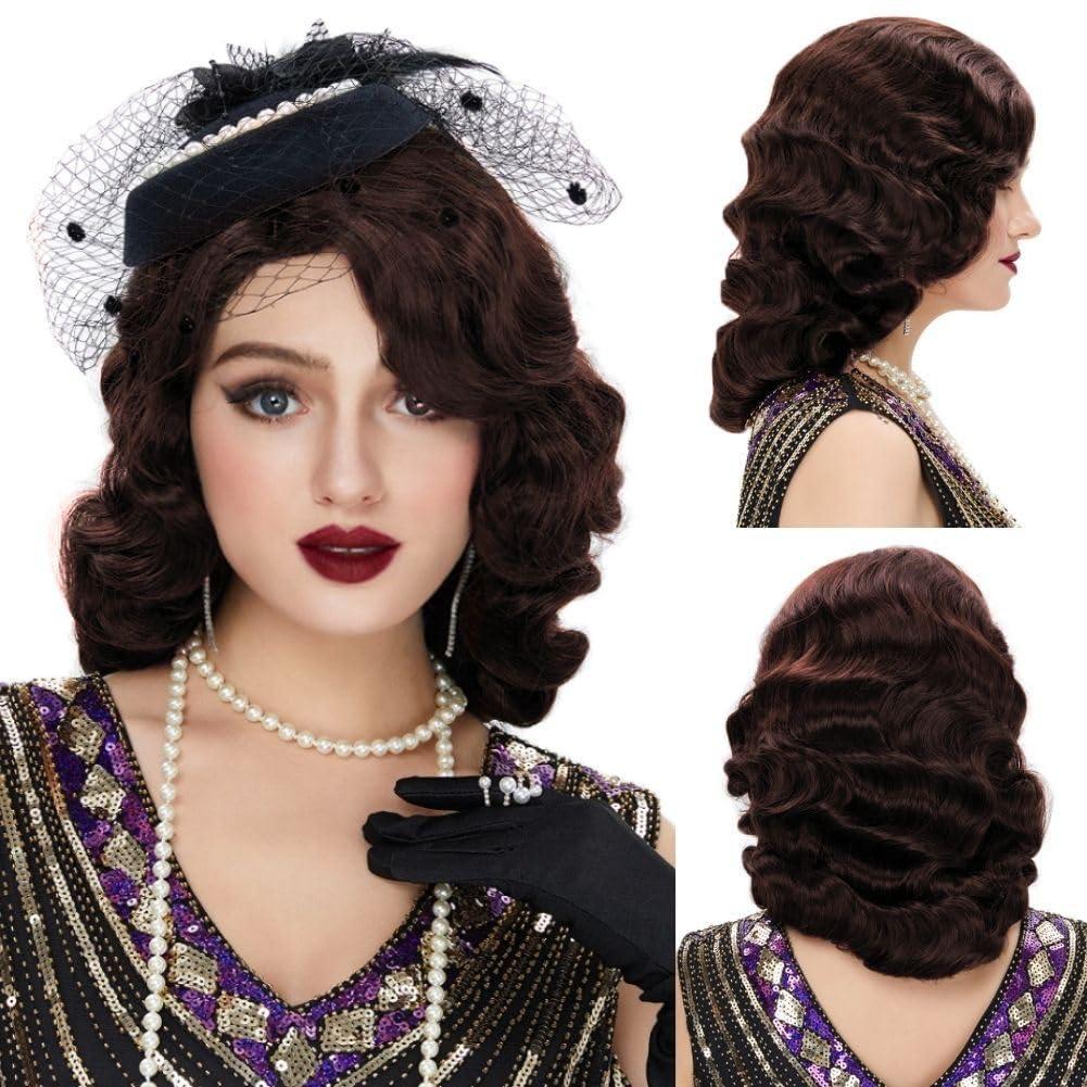 Amnenl Brown 1920s Wig for Women Long Finger Wave Vintage Wigs Lady Synthetic Cosplay Costume Wig