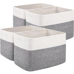 OIAHOMY 4 Pack Storage Baskets for Organizing, Basket for Shelves with Handle, Woven Baskets for Storage Toys, Towels, Books, Cotton Rope Basket 13" L x 9 " W x 7.8 " H, Grey & White