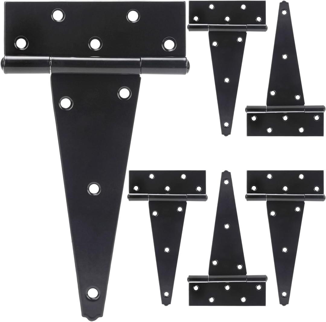 10 Inch T-Strap Shed Door Hinges Heavy Duty, Black Tee Hinge for Wooden Fences, Yard Door, Barn Door Gates, Wrought Hardware Rustproof, 6 PCS