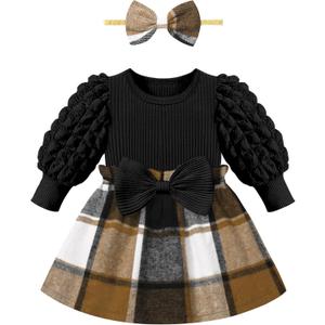 Qaoerde Baby Girl Dress Puff Sleeve Plaid Dress Ribbed Newborn Dress Clothes Fall Winter Outfits with Bowknot Headband (12-18 Months)
