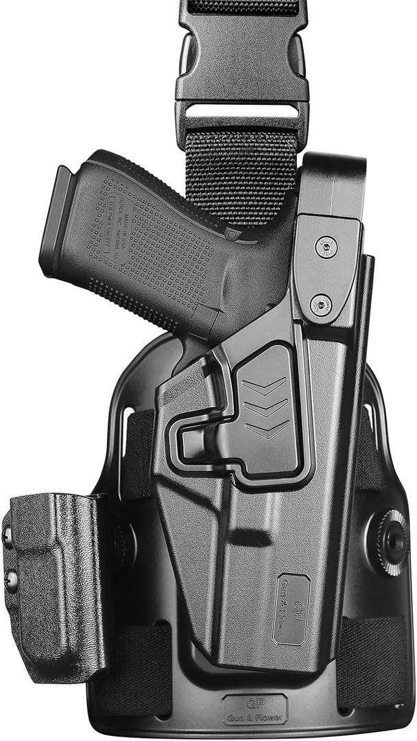 GUN & FLOWER Drop Leg Holster for Glock 17/19/19X (Gen3-5), Glock 22/23/31/32 (Gen3-4), Glock 44/45 w/TLR1/ TLR-1 HL/TLR-1 HL-X/TLR-1 HP-X, Level 2 Retention + Mag Holes - Optic Cut
