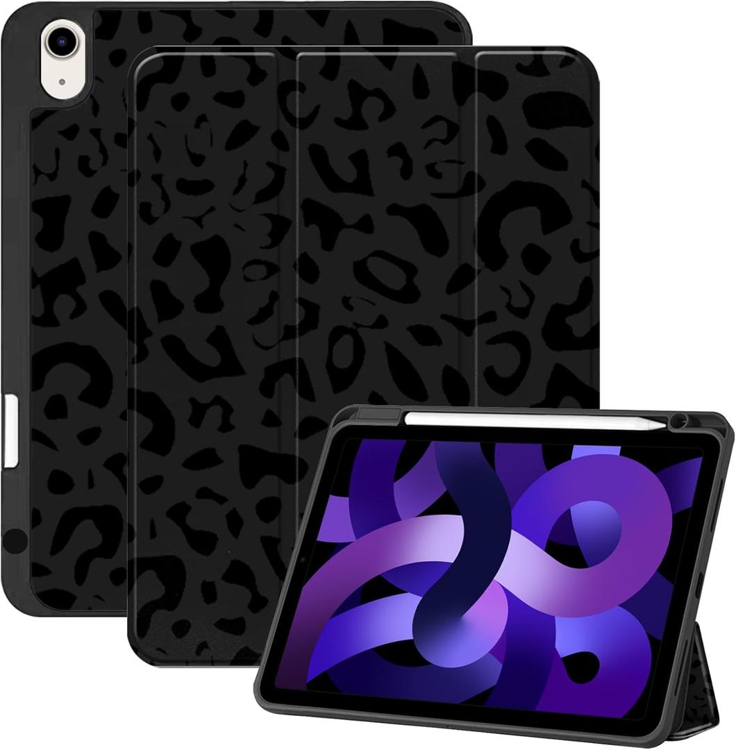 Compatible with iPad Air 11 Inch Case M3/M2(2025/2024),iPad Air 5th/4th (2022/2020) Generation 10.9 Inch Case Pencil Holder TPU Back Auto Sleep/Wake Cover Cute Women Girls-Black Leopard Cheetah (Black Purple-C2)