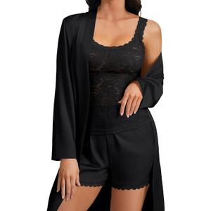 Umenlele Women's 4pcs Sleepwear Satin Floral Lace Trim Cami Shorts Pajama Set with Robe (X-Large, Black)