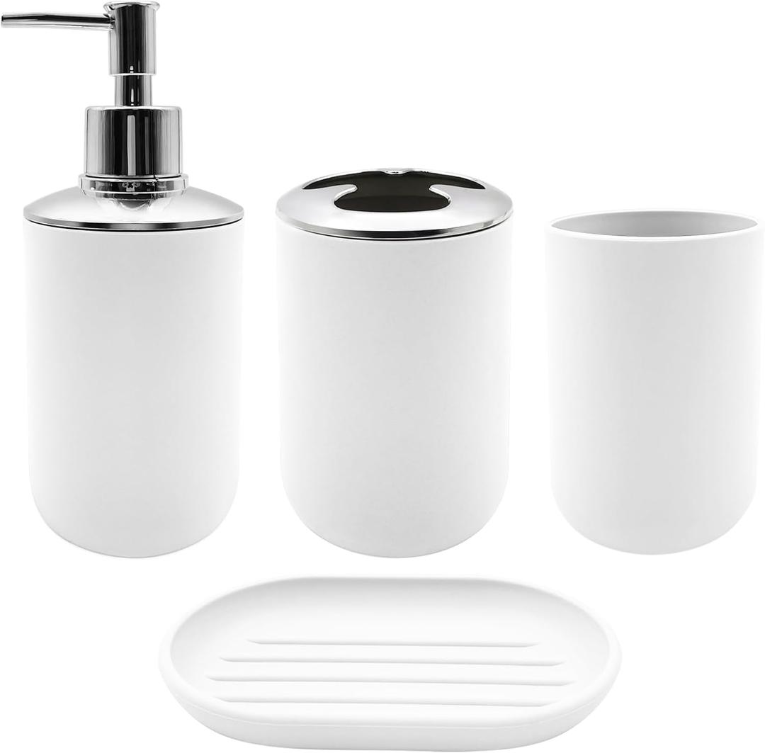 Bathroom Accessory Set, 4 pcs Shatter-Resistant Resin Bathroom Accessories Set Include Lotion Soap Dispenser Toothbrush Holder Soap Dish Modern Bathroom Decor, Gift for Home (White 4pcs)