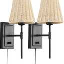 WINGBO Wall Sconce Rattan Wrapped Wall Lamp Set of 2, Wall Light Fixture Vintage Bedside Light Wicker Handmade Shade Reading Light Plug in or Hardwire Black
