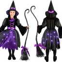 Witch Costume for Girls, Light-Up Purple Dress with Hat & Broom Accessories for Halloween Parties & Role Play (Small(5-7yr))