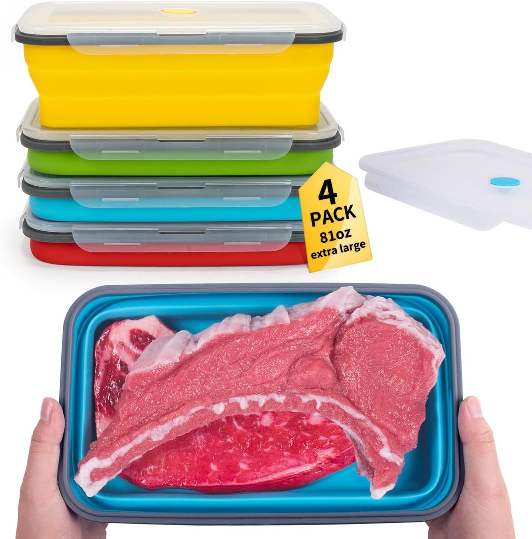 Extra Large Collapsible Food Storage Containers with Lid & Air Vent, 81 oz, 4 Pack, XXL Collapsible Marinade Container BBQ Prep Foldable Silicone Containers, Microwave Freezer Dishwasher Safe
