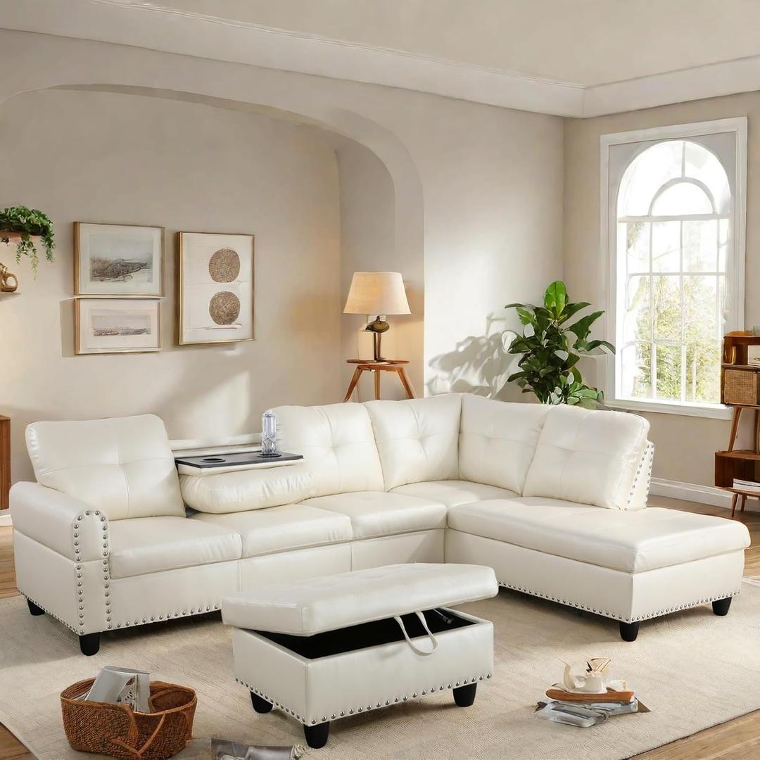 FONTOI L Shaped Sectional Couch with Otttoman, 97" Leather Sectional Sofa for Living Room Modular Couches with Cup Holders for Bedroom, Apartments, White