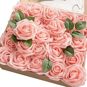 Ling's moment Artificial Flowers 25pcs Real Looking Pink Fake Roses w/ Stem for DIY Wedding Bouquets Centerpieces Bridal Shower Party Home Decorations