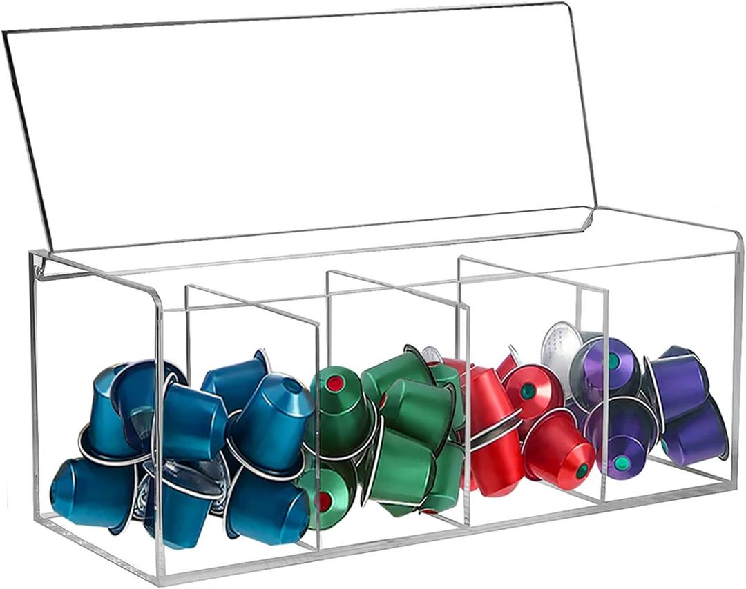 ZWIN Acrylic Coffee Pod Holder with Lid,4 Compartments Organizer ,Coffee Pod Storage for K Cups,Bar Accessories and Organizer for Home