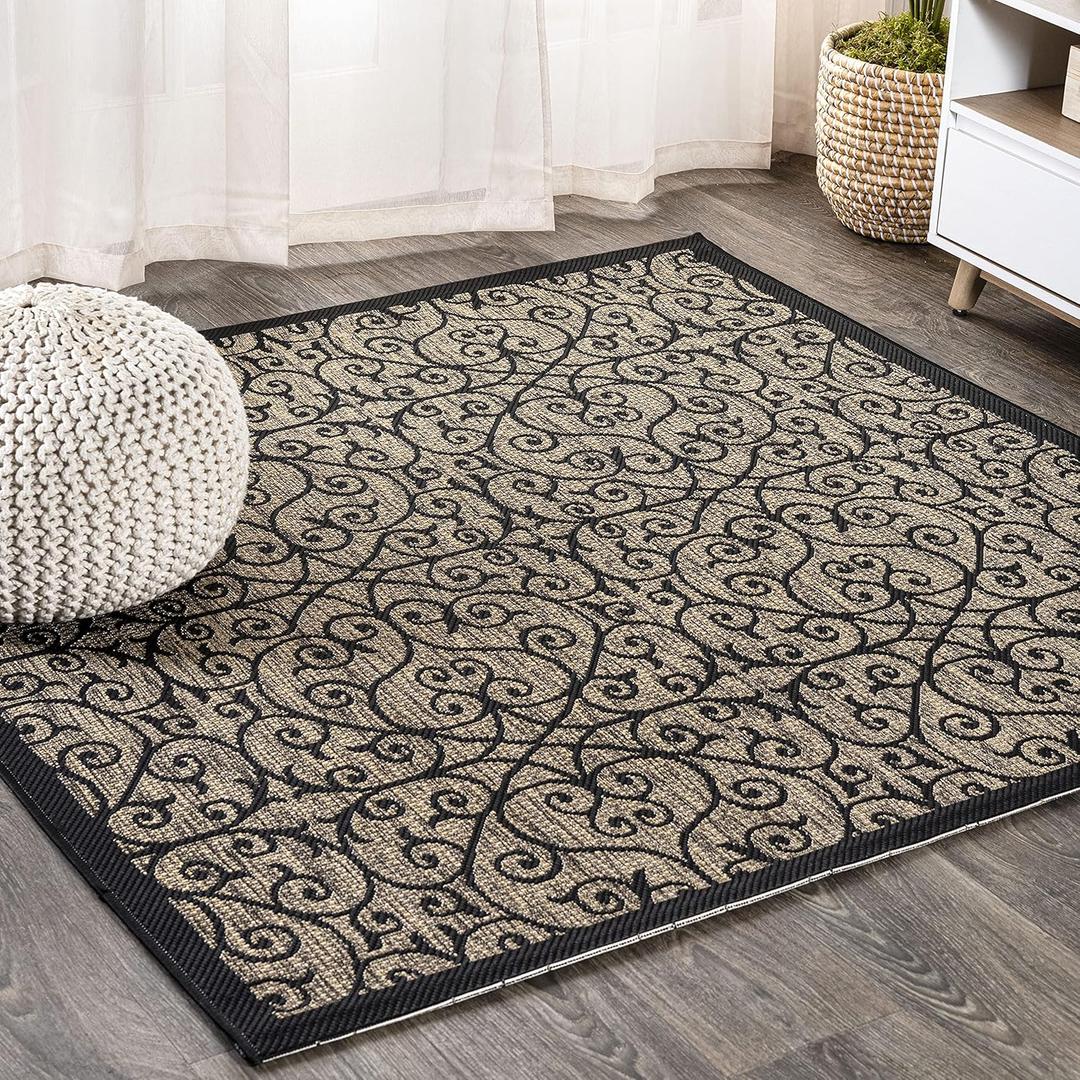 JONATHAN Y Vintage Filigree Indoor Outdoor Square Area Rug 3X3 Black/Khaki, Madrid Textured Weave for Backyard, Patio, Porch, Easy-Cleaning, High Traffic, Pet-Friendly, Non-Shedding (SMB107A-3SQ)