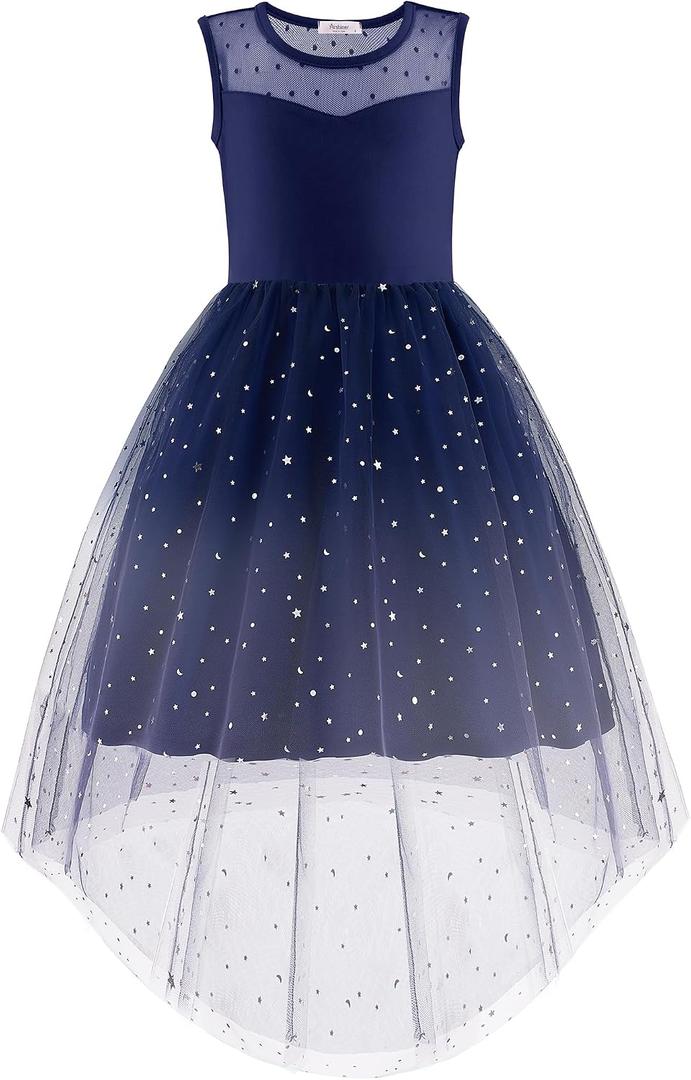 Arshiner Girls Dresses Formal Party Wedding Tulle Sleeveless Contrast Mesh High Low Dress with Belt, Size 14