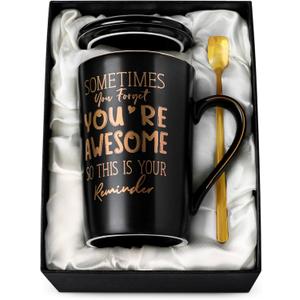 Anniversary Birthday Thank You Gifts for Men, Sometimes You Forget You're Awesome - 14oz Unique Black Ceramic Inspirational Mug with Gold Print, Funny Presents for Boyfriend Husband Him, Nicely Boxed