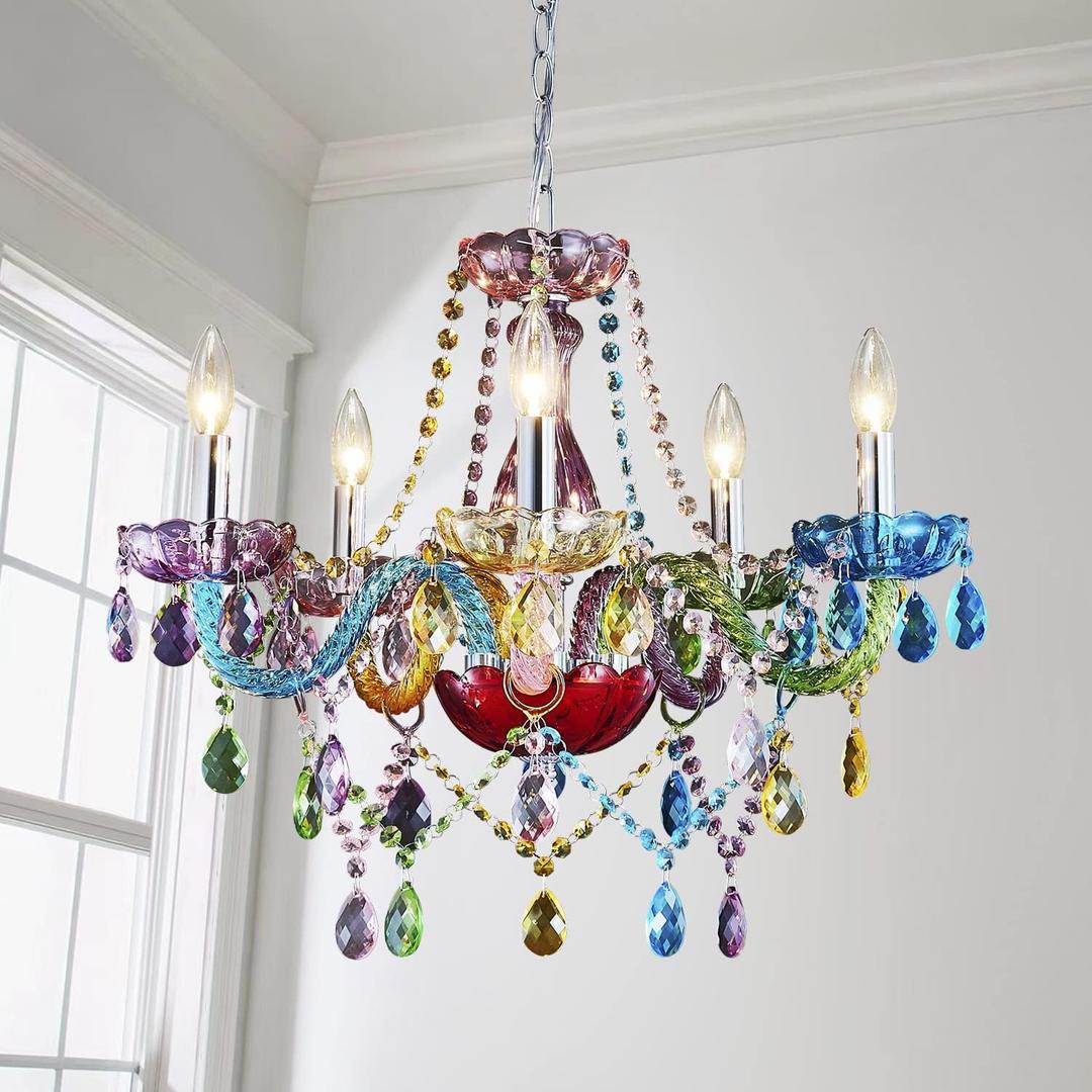 Saint Mossi Modern Colorful K9 Crystal Chandelier with 5 Lights, Contemporary Pendant Ceiling Lighting Fixture for Dining Room,Bedroom,Living Room,H19 x W19 with Adjustable Chain