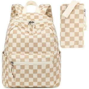 LEDAOU Mini Backpack Set Fashion Bookbags with Purse Wallet Cute Backpack Set for Women Teens School Travel Bag (Brown White Check)