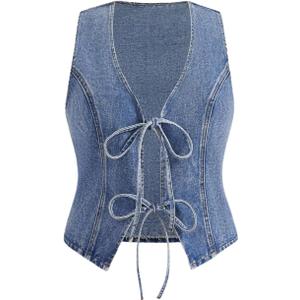 WDIRARA Women's Plus Size Bow Tie Front Denim Vest Jacket Western Sleeveless Jean Outerwear  4X-Large Plus
