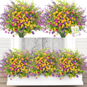 ATTGREAT Artificial Spring Flowers Outdoors UV Resistant Fake Greenery Plants Realistic Plastic Flowers Outside Faux Silk Wildflowers for Home Planter Porch Garden Decor, 12 Bundles (Multicolor)